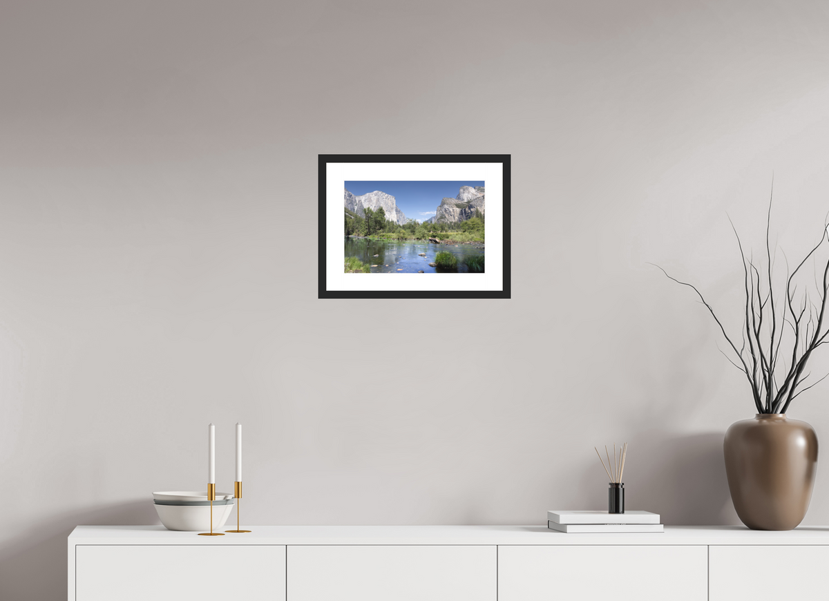Yosemite Valley fine art print of the Merced River and granite cliffs of Yosemite Valley, 15 x 10 in, black wood frame with white mat