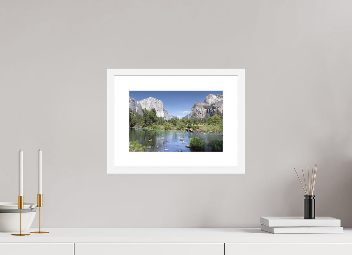 Yosemite Valley fine art print of the Merced River and granite cliffs of Yosemite Valley, 12 x 8 in, white wood frame with white mat