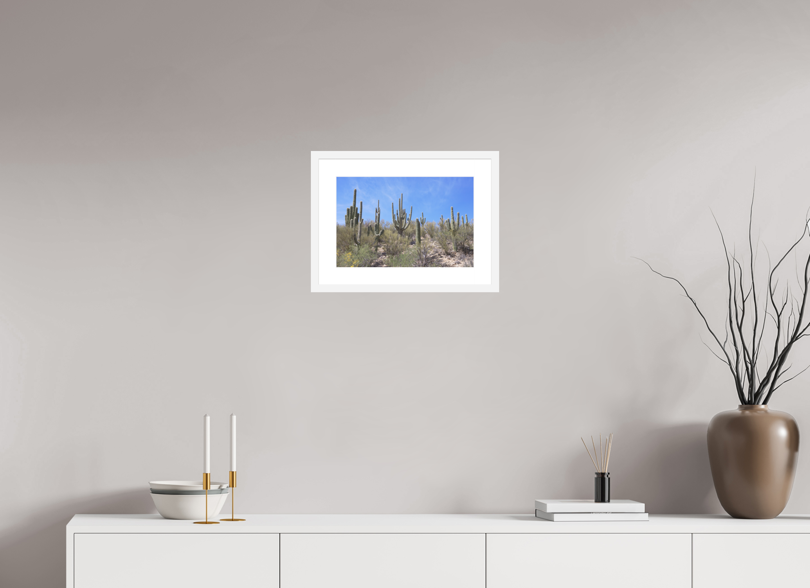 15 x 10″, White Wood Frame Saguaro I