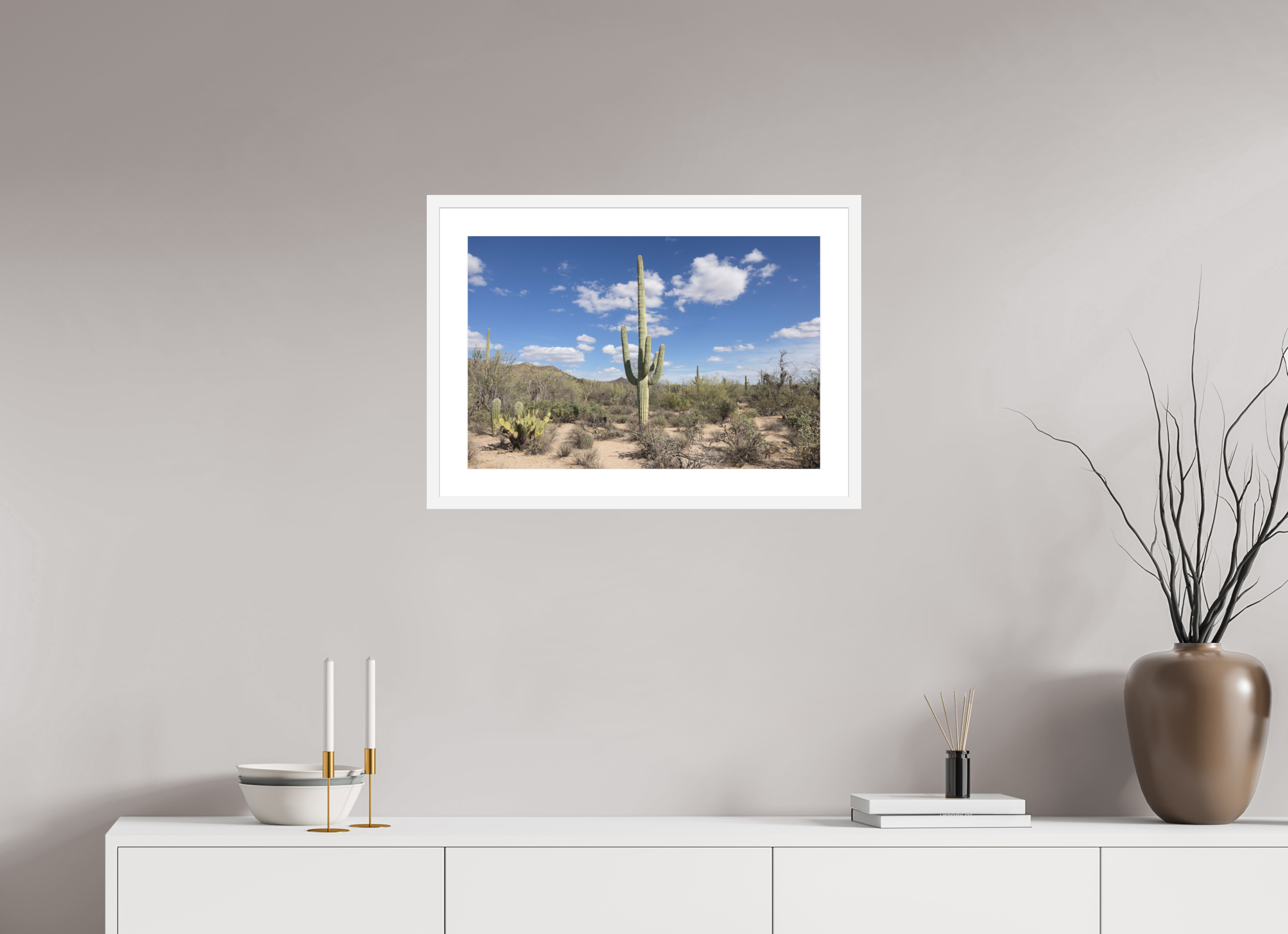 24 x 16″, White Wood Frame Saguaro II