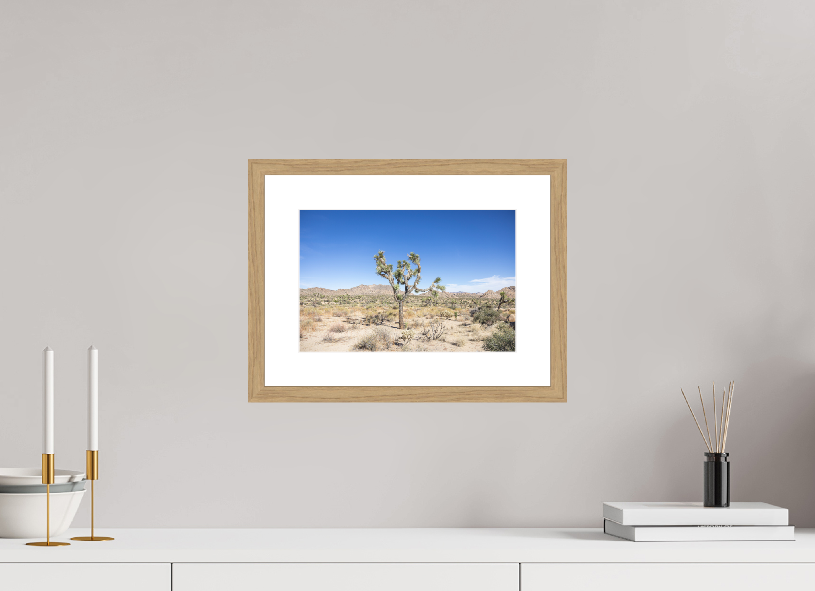 12 x 8″, Framed_NaturalOakWood_WhiteMat_HahnemühlePhotoRagUltraSmooth Desert Form 01