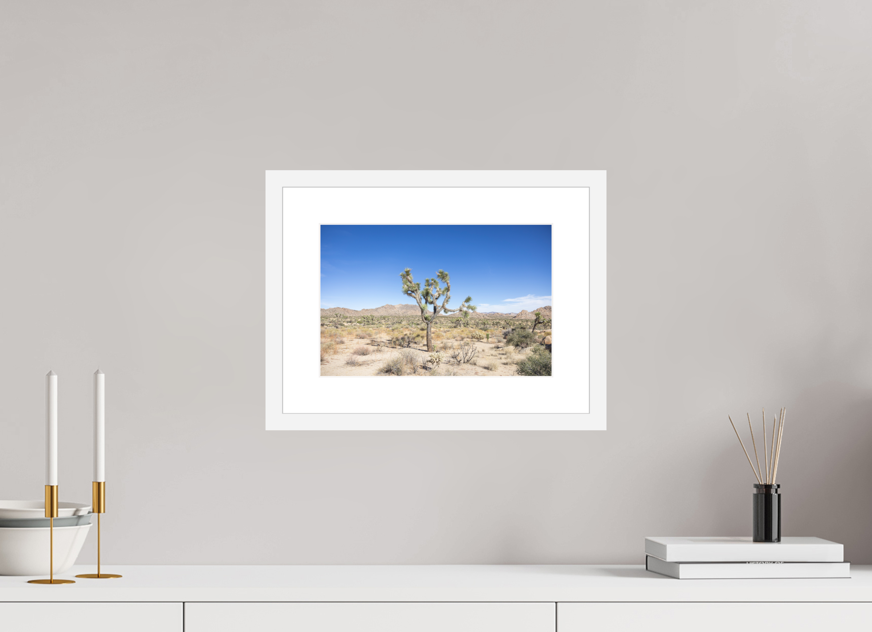 12 x 8″, Framed_WhiteWood_WhiteMat_HahnemühlePhotoRagUltraSmooth Desert Form 01