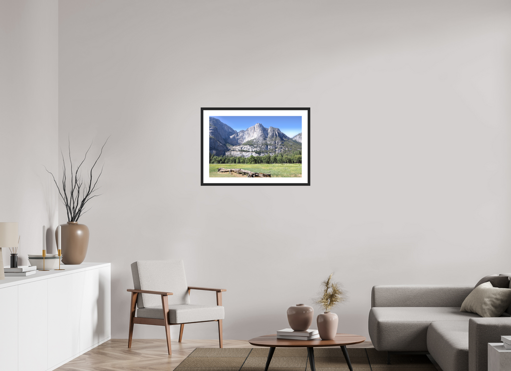 Cathedral Rocks fine art print of Cathedral Rocks above a meadow in Yosemite, 30 x 20 in, black wood frame with white mat