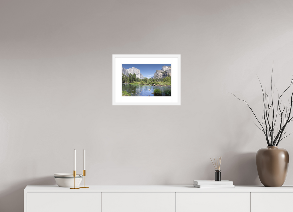 Yosemite Valley fine art print of the Merced River and granite cliffs of Yosemite Valley, 15 x 10 in, white wood frame with white mat