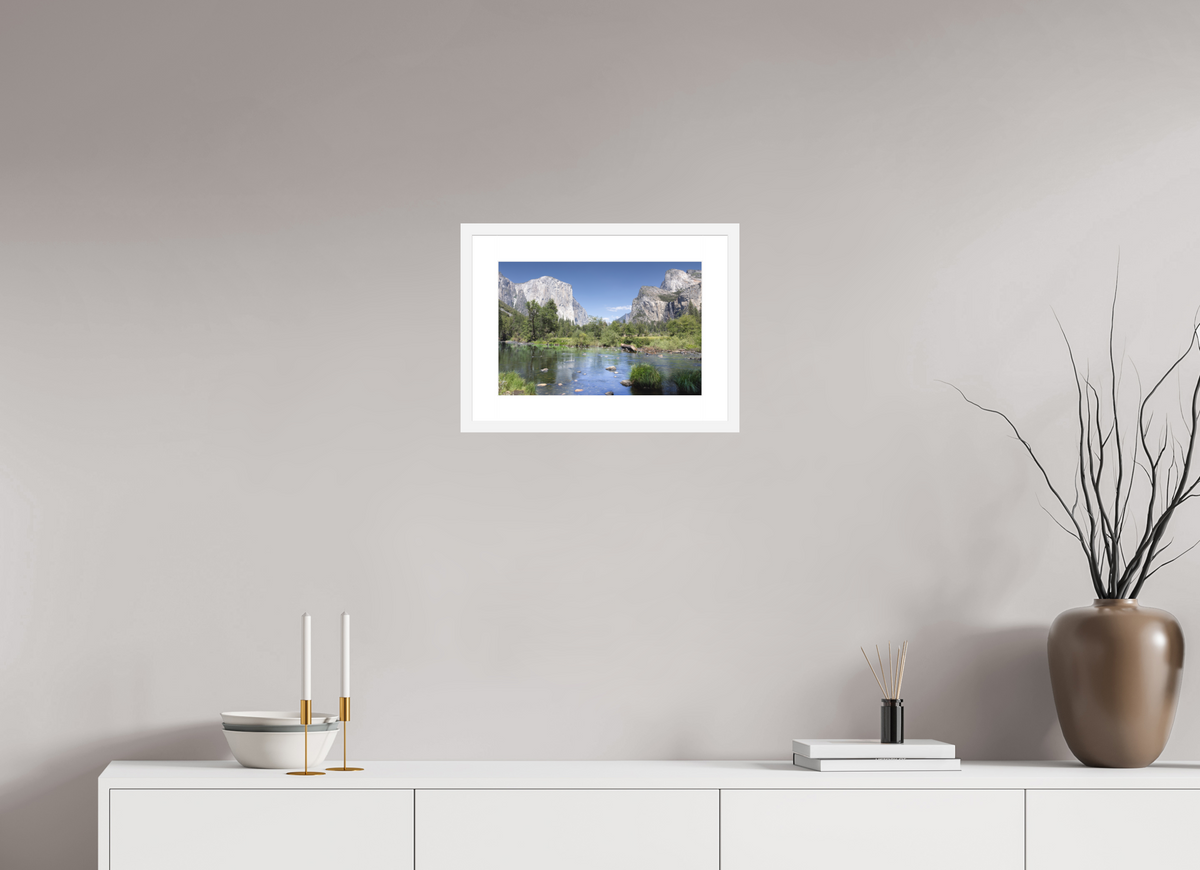 Yosemite Valley fine art print of the Merced River and granite cliffs of Yosemite Valley, 15 x 10 in, white wood frame with white mat