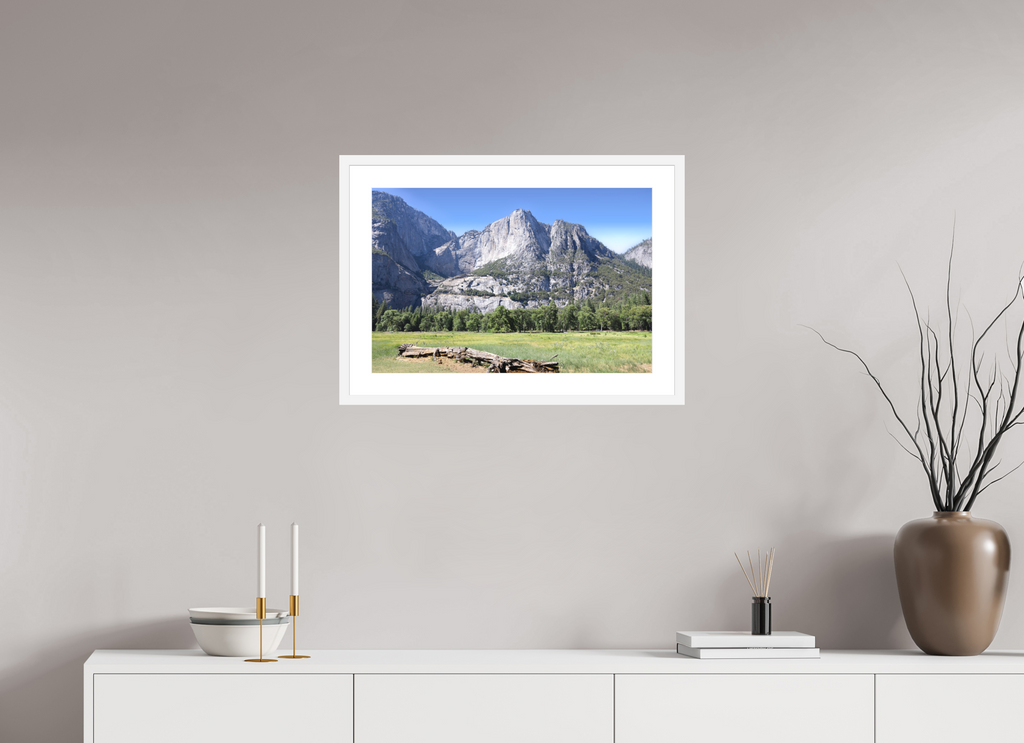 Cathedral Rocks fine art print of Cathedral Rocks above a meadow in Yosemite, 24 x 16 in, white wood frame with white mat