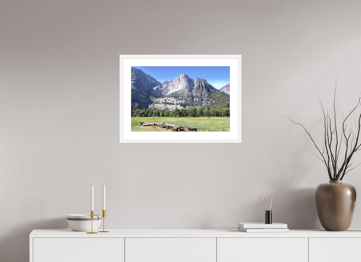 Cathedral Rocks fine art print of Cathedral Rocks above a meadow in Yosemite, 24 x 16 in, white wood frame with white mat