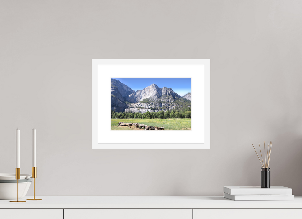 Cathedral Rocks fine art print of Cathedral Rocks above a meadow in Yosemite, 12 x 8 in, white wood frame with white mat