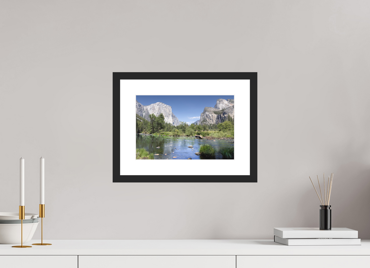 Yosemite Valley fine art print of the Merced River and granite cliffs of Yosemite Valley, 12 x 8 in, black wood frame with white mat