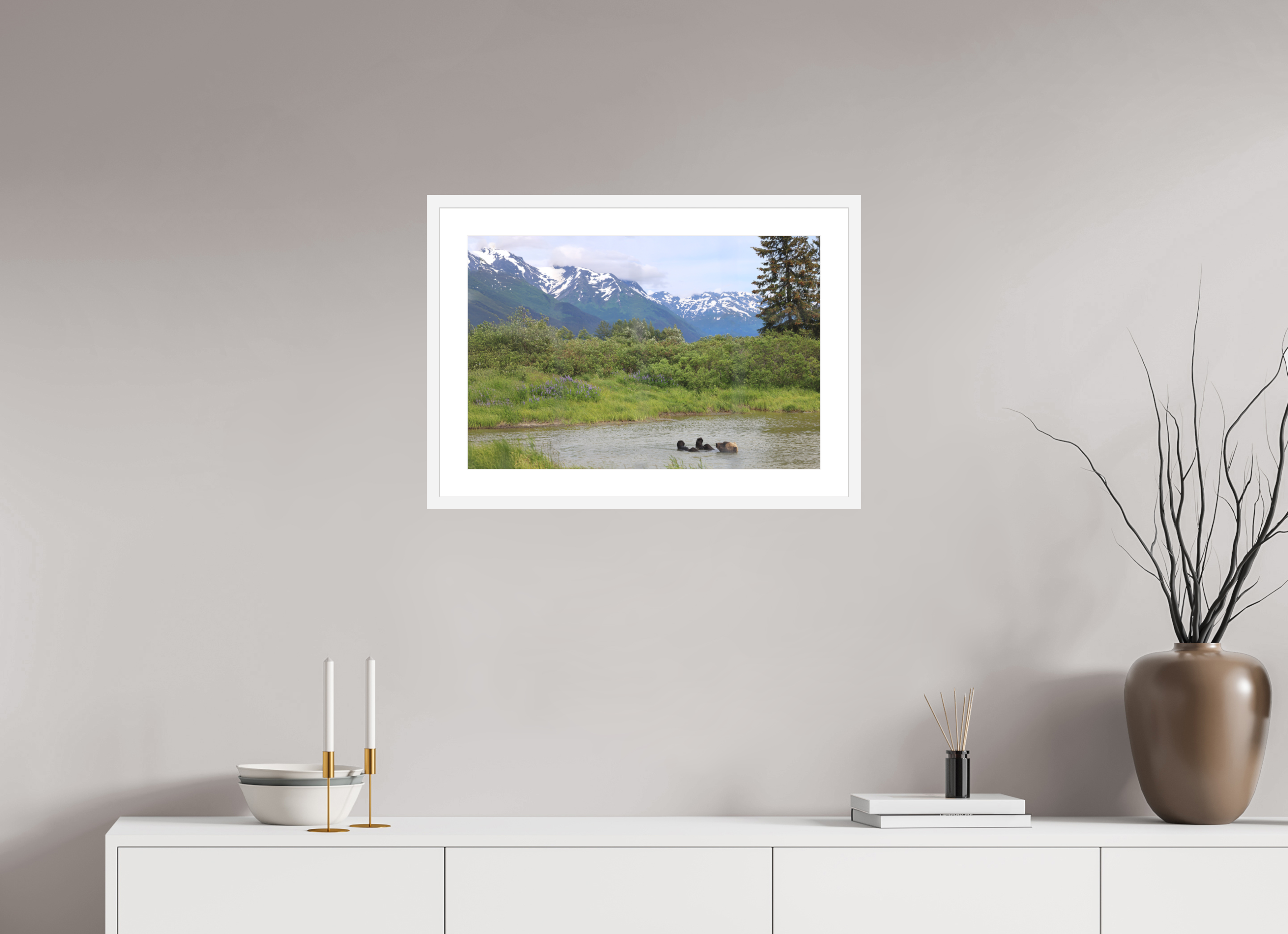 24 x 16″, White Wood Frame Grizzly Shore II