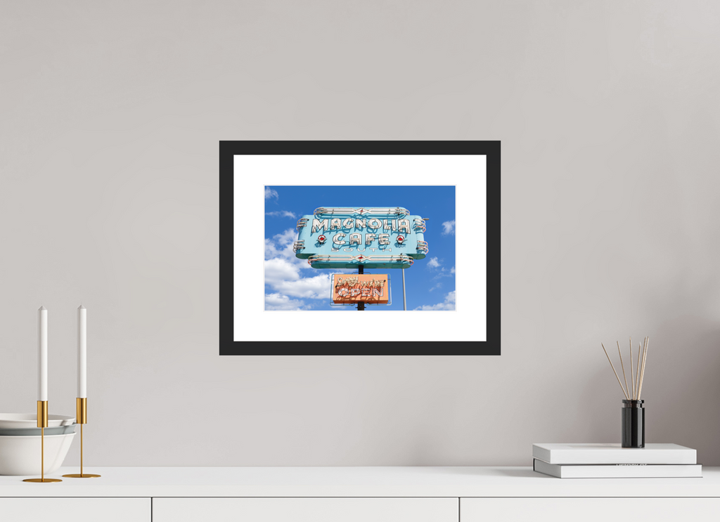 Teal Magnolias fine art print of the Magnolia Cafe sign in Austin, Texas, 12 x 8 in, black wood frame with white mat