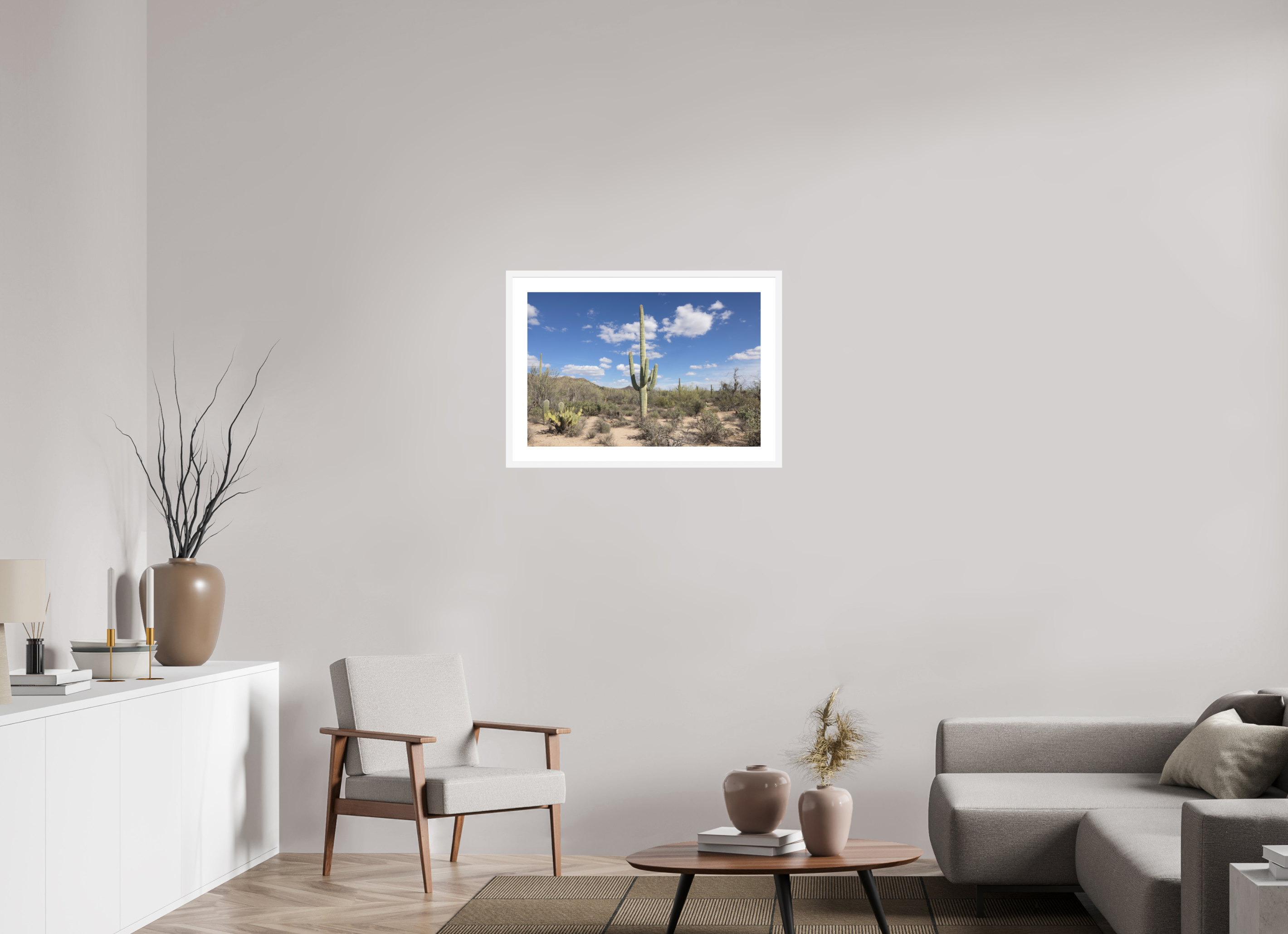 30 x 20″, White Wood Frame Saguaro II