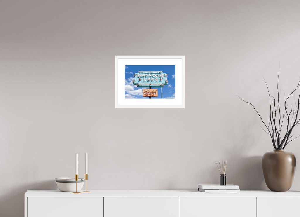 Teal Magnolias fine art print of the Magnolia Cafe sign in Austin, Texas, 15 x 10 in, white wood frame with white mat