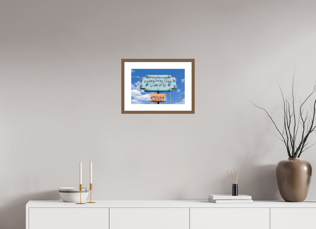 Teal Magnolias fine art print of the Magnolia Cafe sign in Austin, Texas, 15 x 10 in, walnut wood frame with white mat