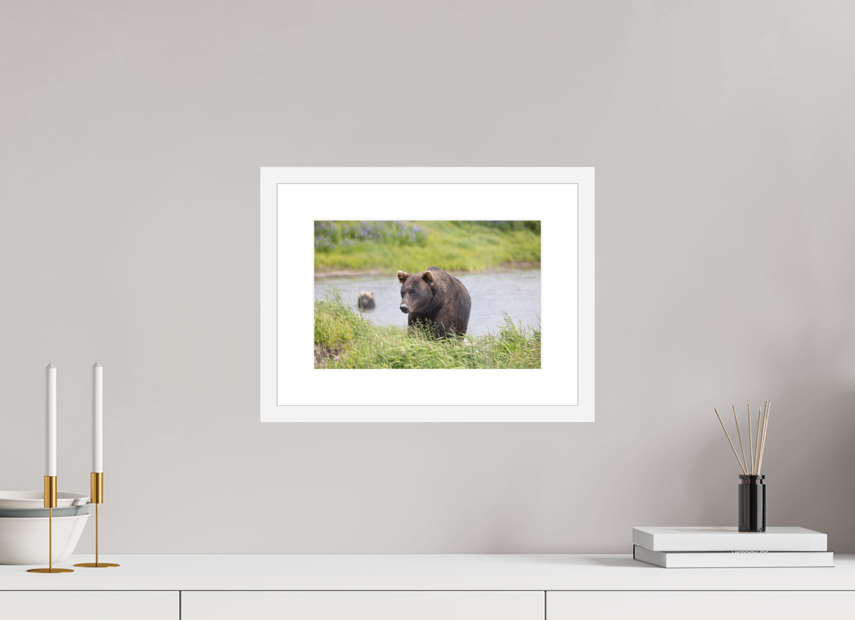 12 x 8″, White Wood Frame Grizzly Shore, No. 1
