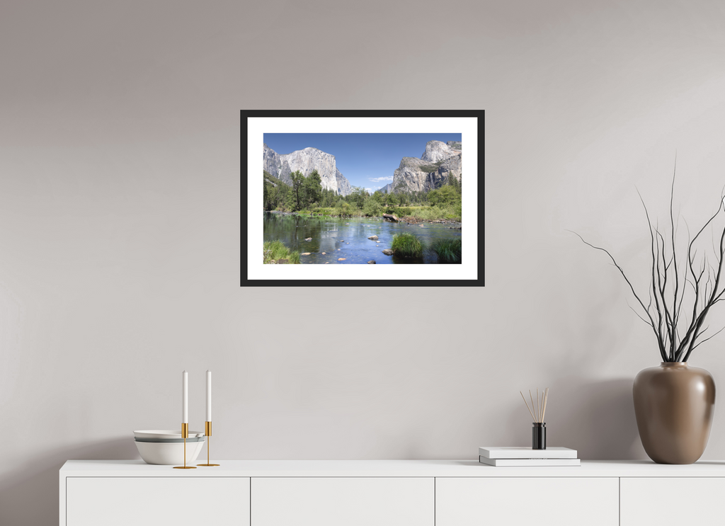Yosemite Valley fine art print of the Merced River and granite cliffs of Yosemite Valley, 24 x 16 in, black wood frame with white mat