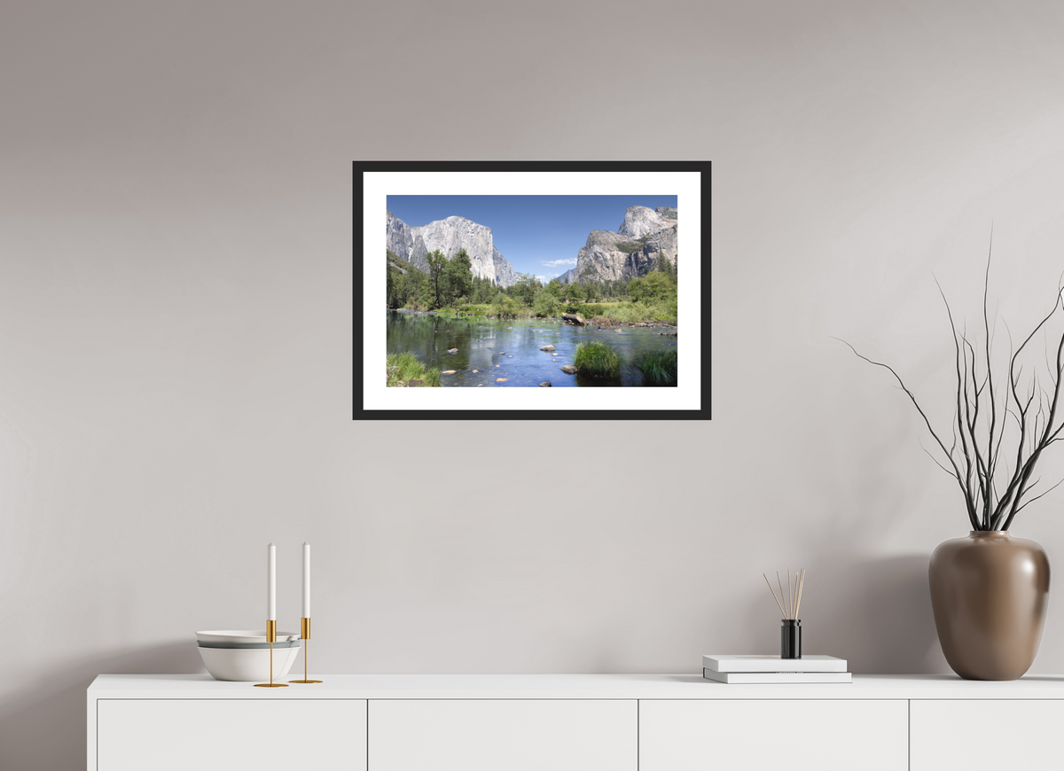 Yosemite Valley fine art print of the Merced River and granite cliffs of Yosemite Valley, 24 x 16 in, black wood frame with white mat