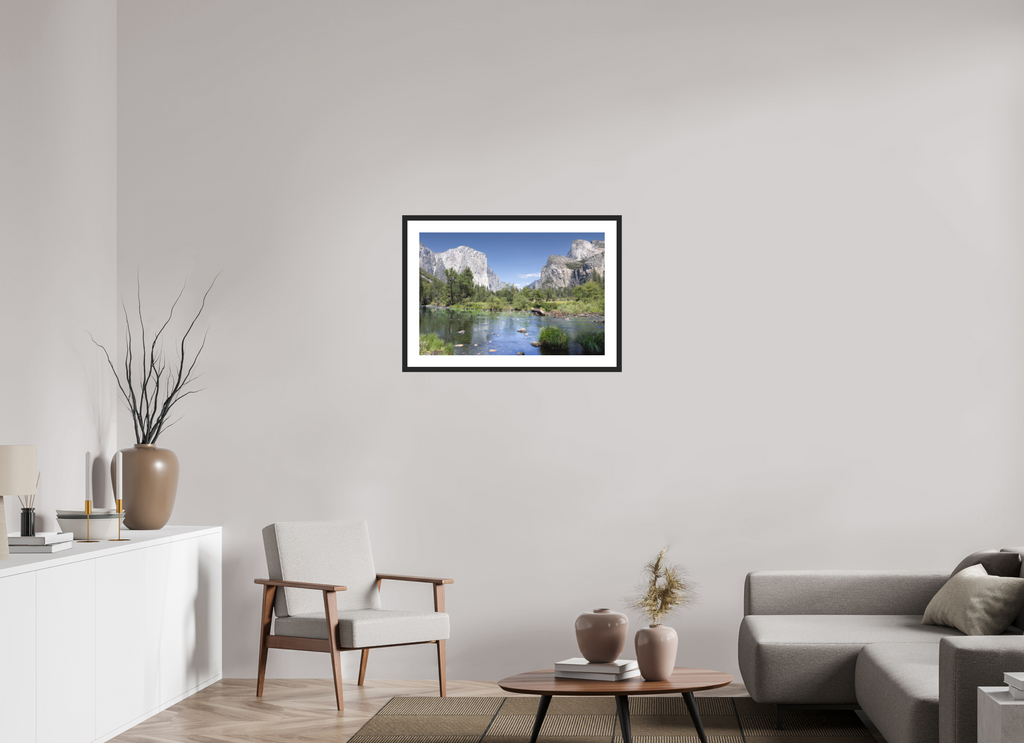 Yosemite Valley fine art print of the Merced River and granite cliffs of Yosemite Valley, 30 x 20 in, black wood frame with white mat