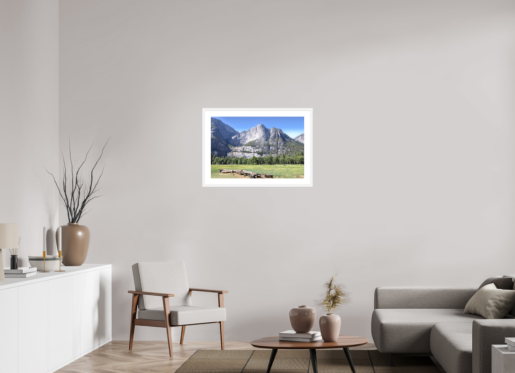Cathedral Rocks fine art print of Cathedral Rocks above a meadow in Yosemite, 30 x 20 in, white wood frame with white mat