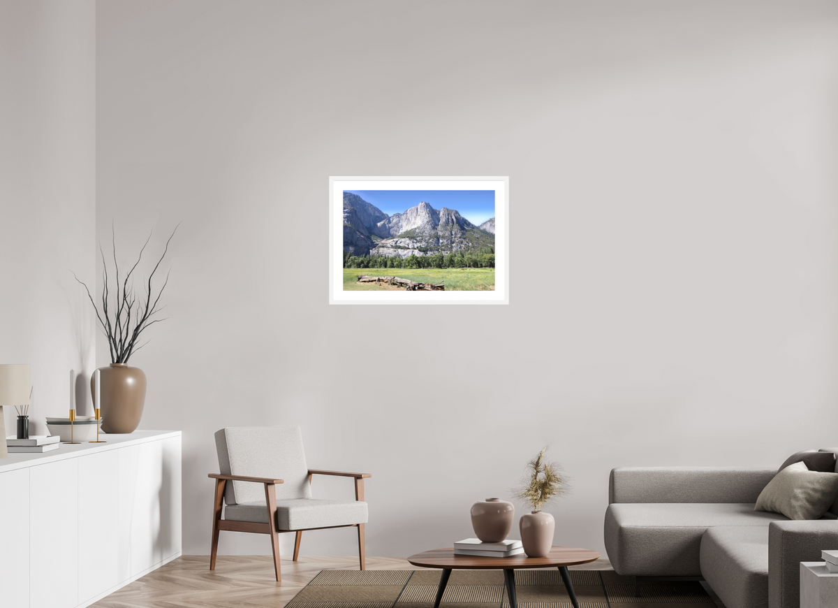 Cathedral Rocks fine art print of Cathedral Rocks above a meadow in Yosemite, 30 x 20 in, white wood frame with white mat