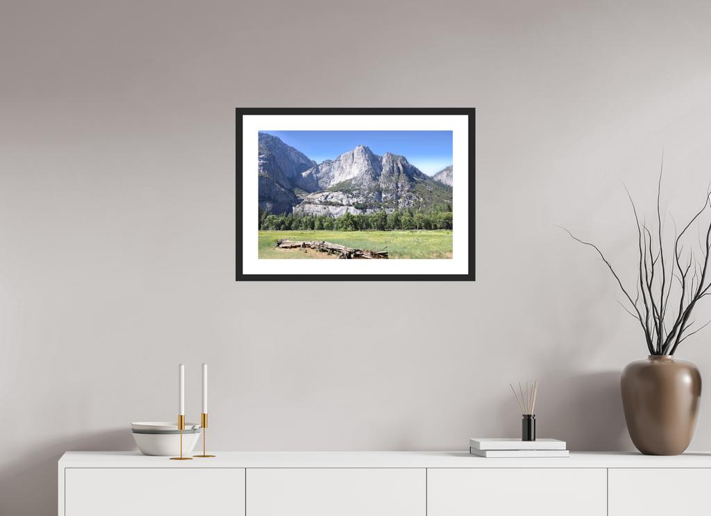 Cathedral Rocks fine art print of Cathedral Rocks above a meadow in Yosemite, 24 x 16 in, black wood frame with white mat
