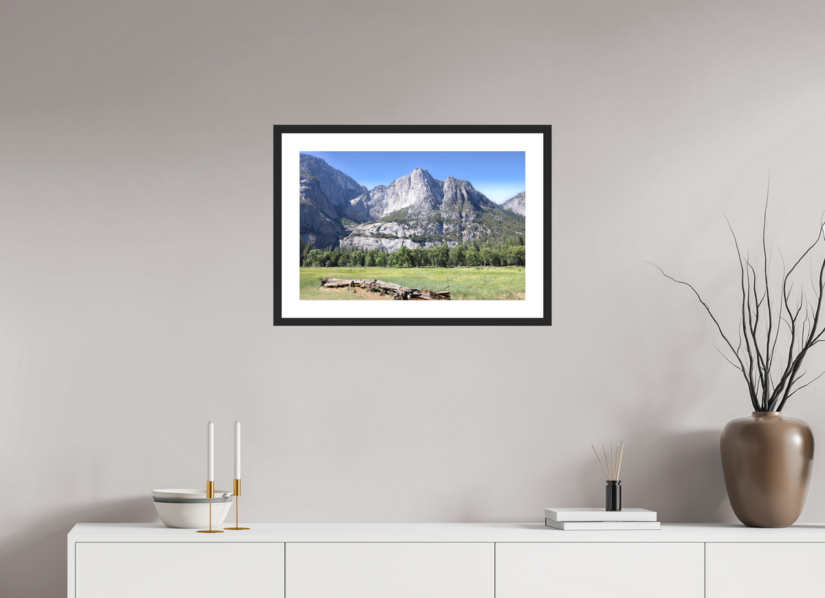 Cathedral Rocks fine art print of Cathedral Rocks above a meadow in Yosemite, 24 x 16 in, black wood frame with white mat