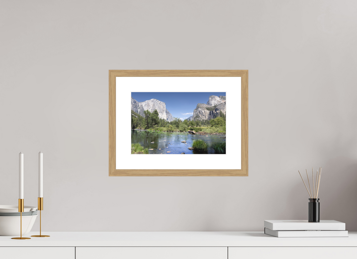 Yosemite Valley fine art print of the Merced River and granite cliffs of Yosemite Valley, 12 x 8 in, natural oak wood frame with white mat