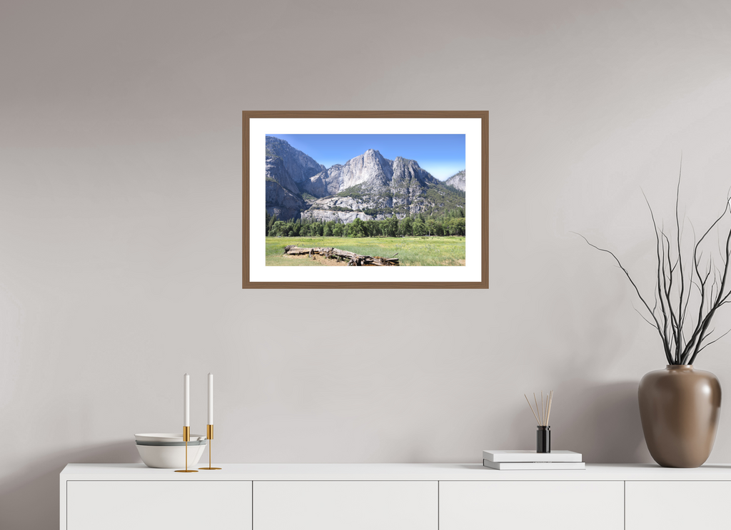 Cathedral Rocks fine art print of Cathedral Rocks above a meadow in Yosemite, 24 x 16 in, walnut wood frame with white mat