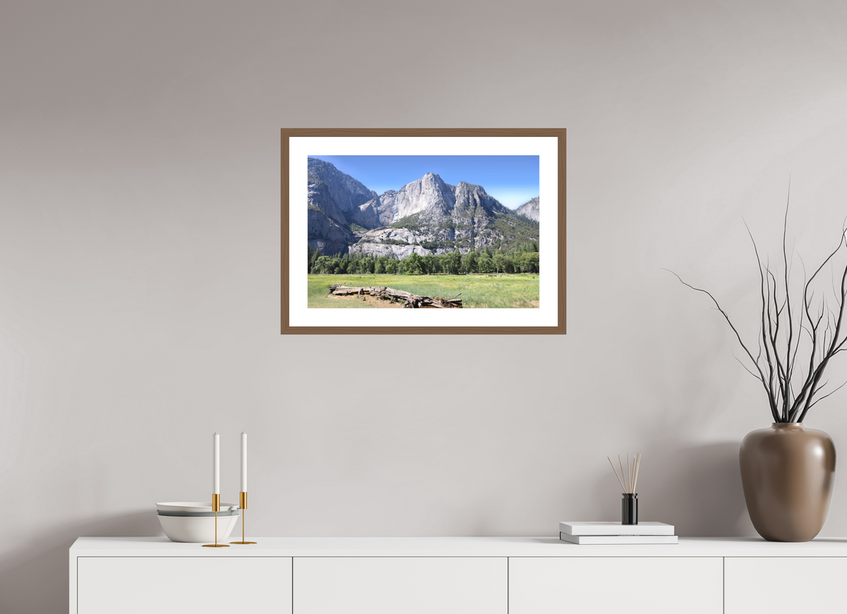 Cathedral Rocks fine art print of Cathedral Rocks above a meadow in Yosemite, 24 x 16 in, walnut wood frame with white mat