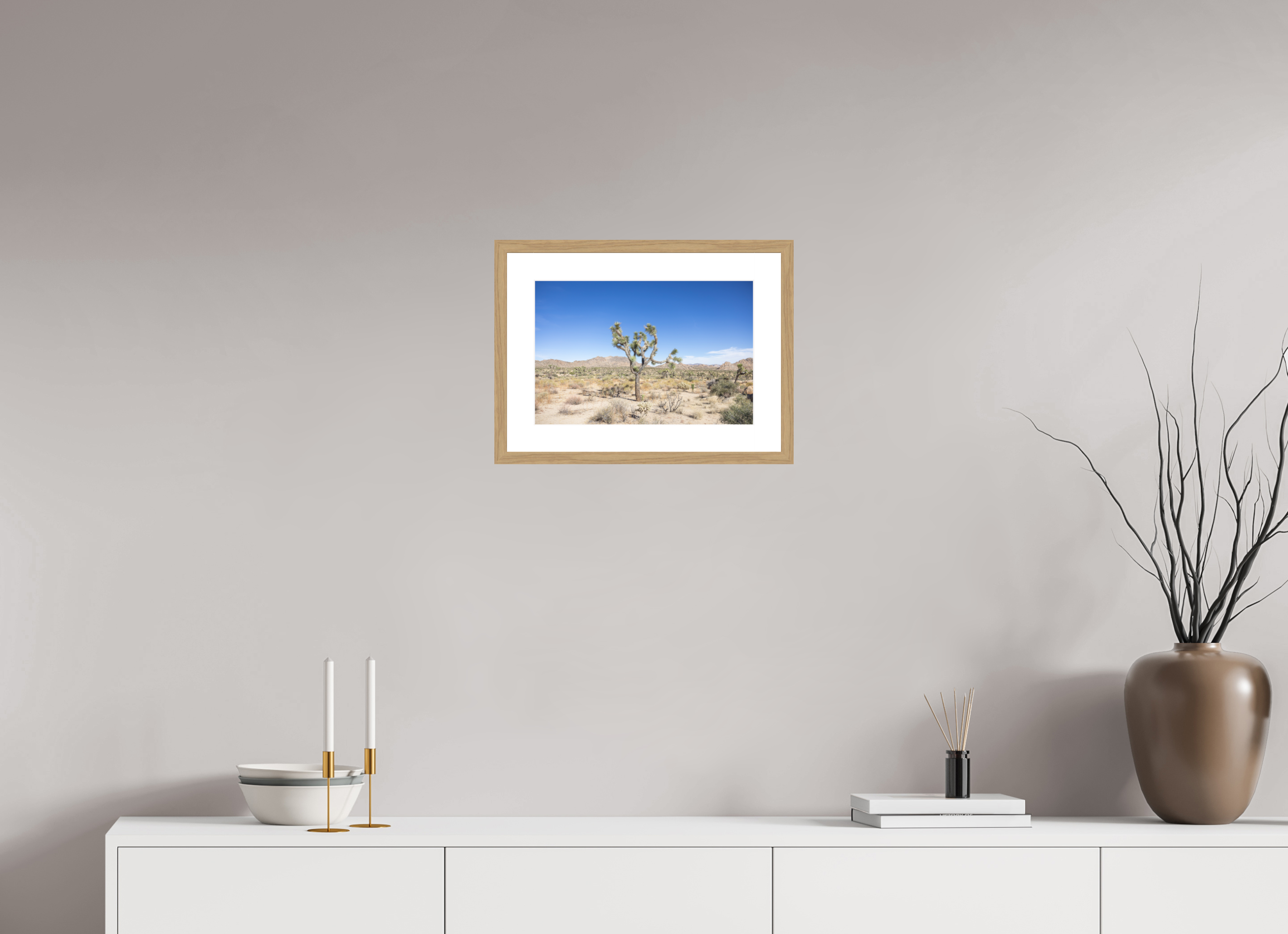 15 x 10″, Framed_NaturalOakWood_WhiteMat_HahnemühlePhotoRagUltraSmooth Desert Form 01