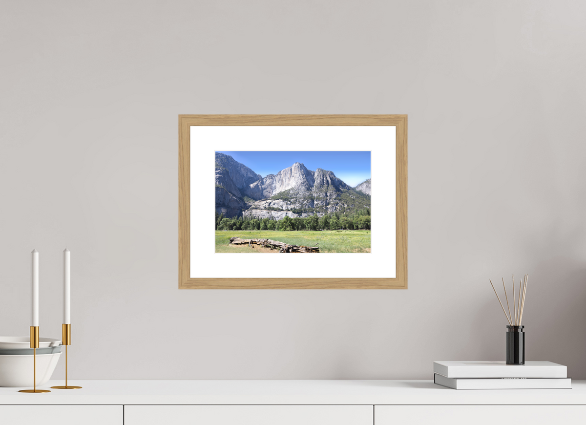 Cathedral Rocks fine art print of Cathedral Rocks above a meadow in Yosemite, 12 x 8 in, natural oak wood frame with white mat