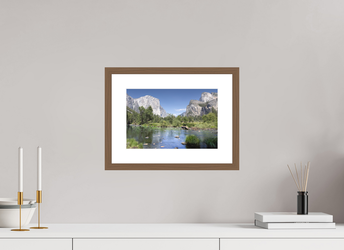 Yosemite Valley fine art print of the Merced River and granite cliffs of Yosemite Valley, 12 x 8 in, walnut wood frame with white mat
