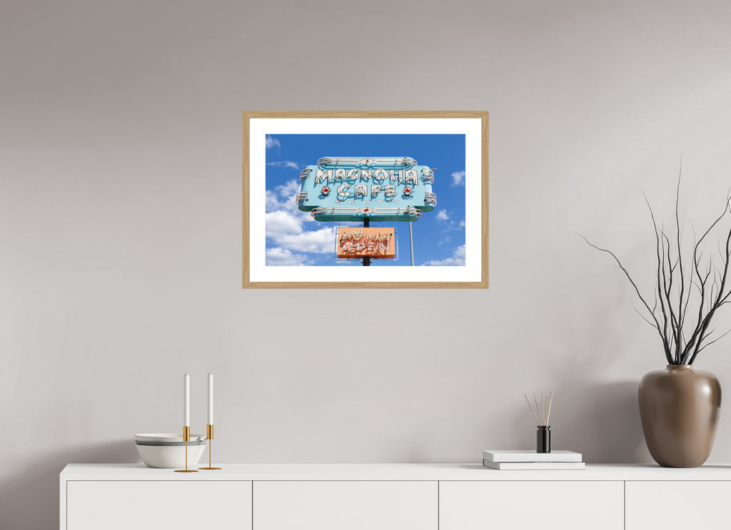 Teal Magnolias fine art print of the Magnolia Cafe sign in Austin, Texas, 24 x 16 in, natural oak wood frame with white mat
