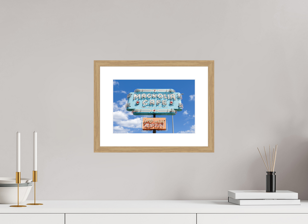 Teal Magnolias fine art print of the Magnolia Cafe sign in Austin, Texas, 12 x 8 in, natural oak wood frame with white mat