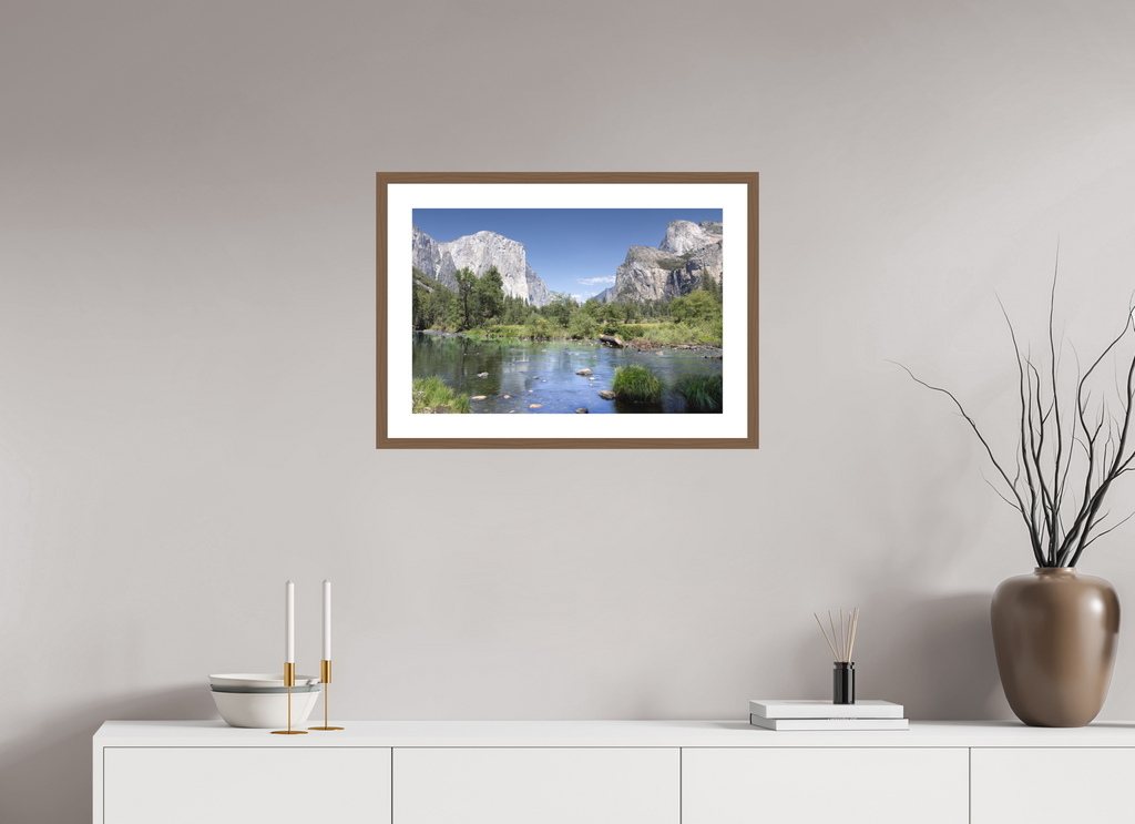 Yosemite Valley fine art print of the Merced River and granite cliffs of Yosemite Valley, 24 x 16 in, walnut wood frame with white mat