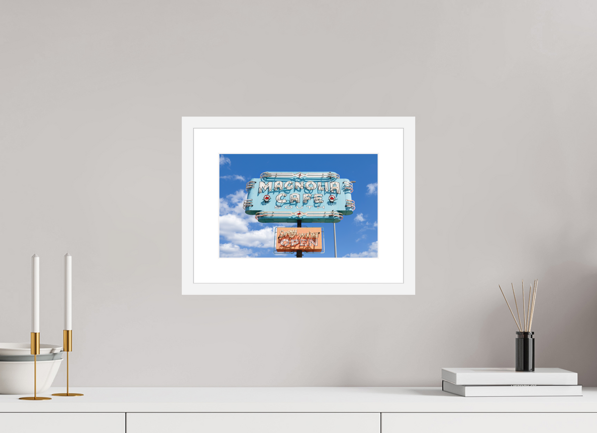 Teal Magnolias fine art print of the Magnolia Cafe sign in Austin, Texas, 12 x 8 in, white wood frame with white mat