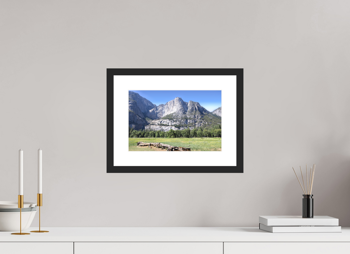 Cathedral Rocks fine art print of Cathedral Rocks above a meadow in Yosemite, 12 x 8 in, black wood frame with white mat