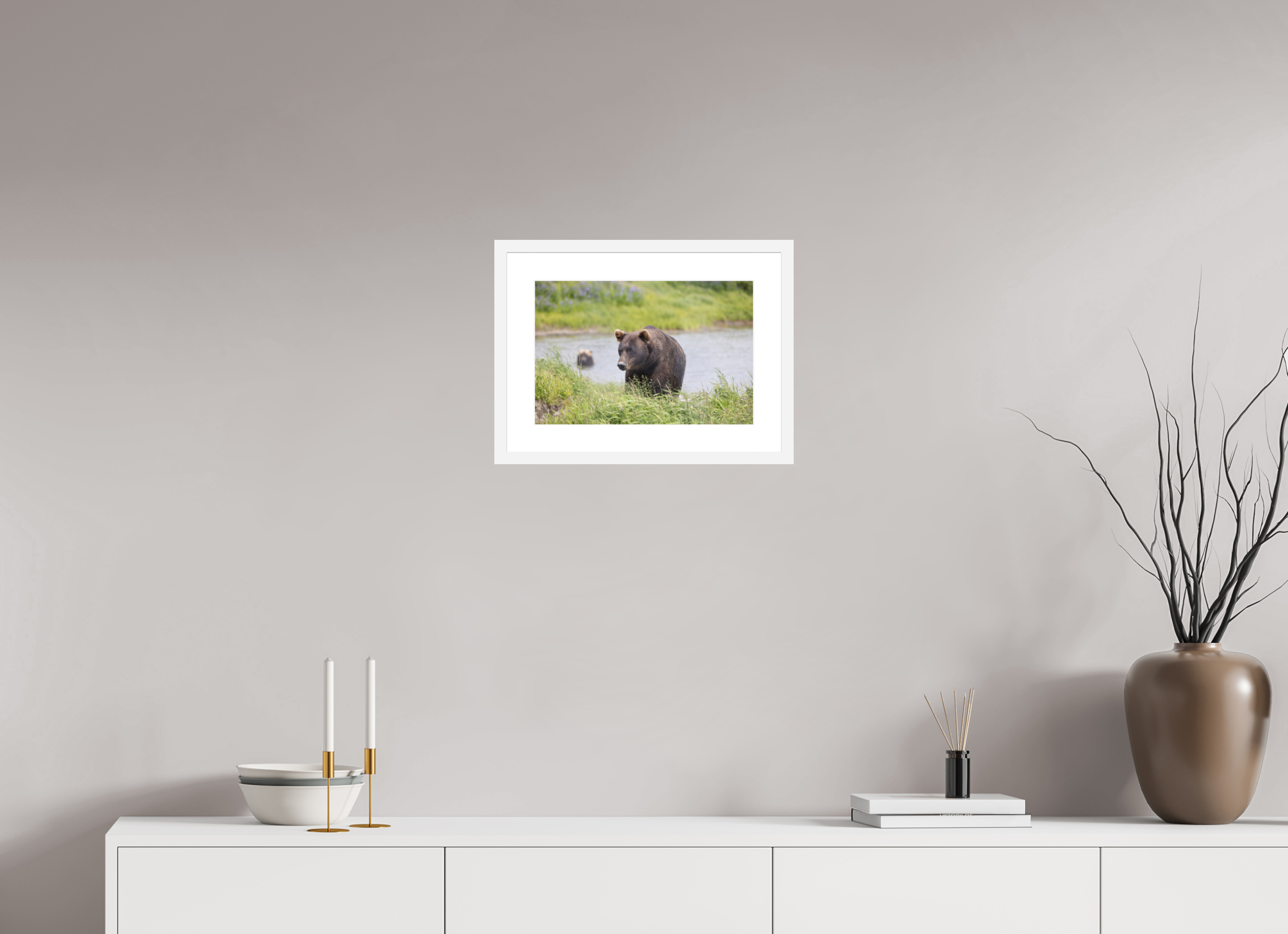 15 x 10″, White Wood Frame Grizzly Shore, No. 1