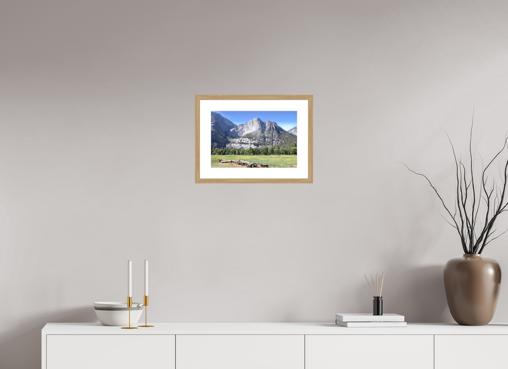 Cathedral Rocks fine art print of Cathedral Rocks above a meadow in Yosemite, 15 x 10 in, natural oak wood frame with white mat