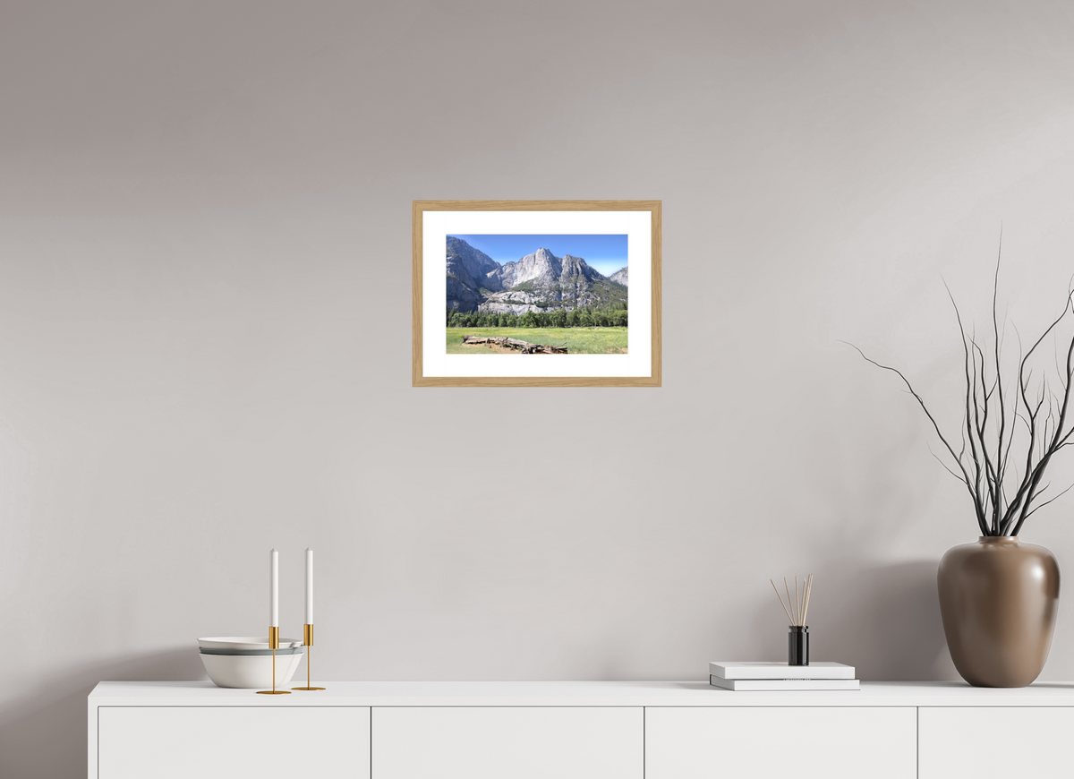 Cathedral Rocks fine art print of Cathedral Rocks above a meadow in Yosemite, 15 x 10 in, natural oak wood frame with white mat