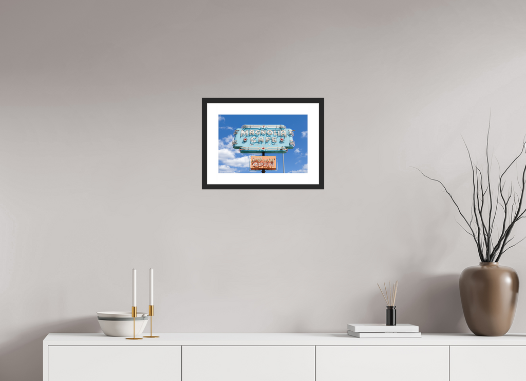 Teal Magnolias fine art print of the Magnolia Cafe sign in Austin, Texas, 15 x 10 in, black wood frame with white mat