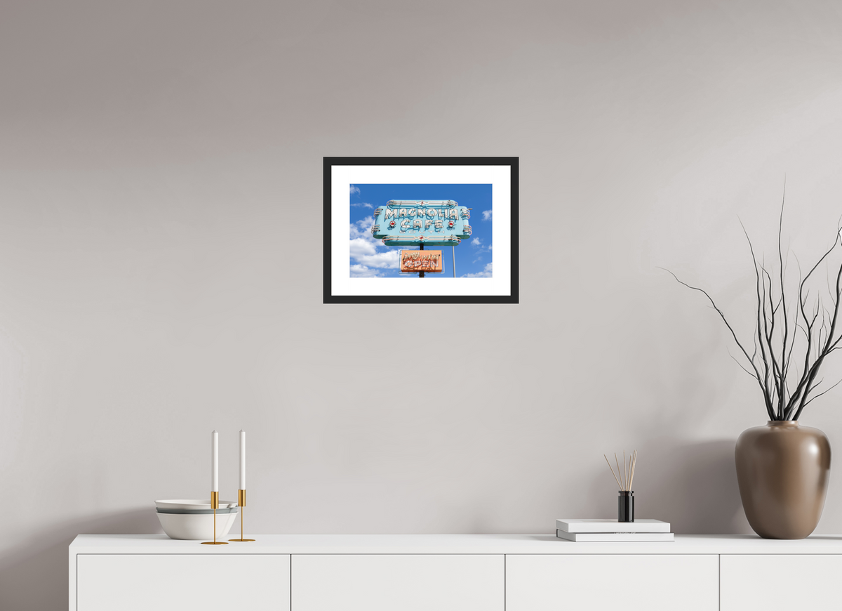 Teal Magnolias fine art print of the Magnolia Cafe sign in Austin, Texas, 15 x 10 in, black wood frame with white mat