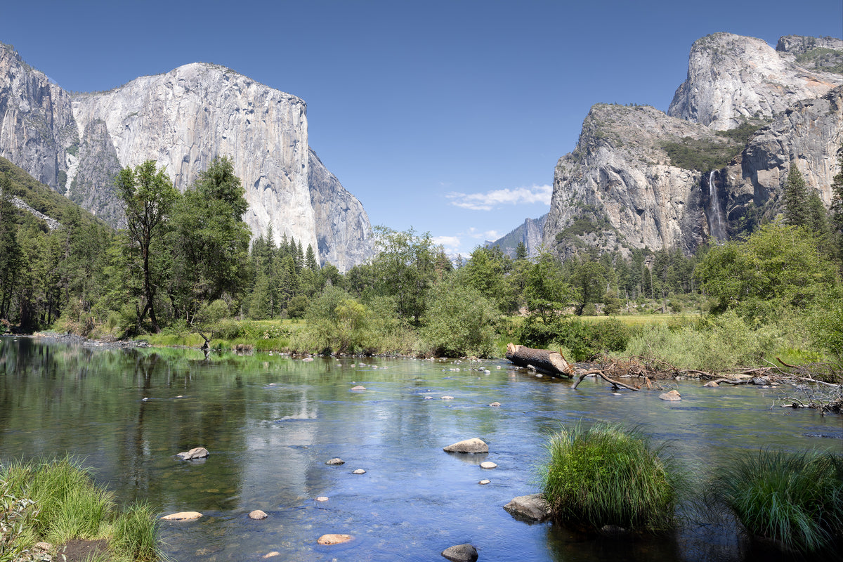 Merced River reflecting granite cliffs and green forest in Yosemite Valley, Yosemite National Park, California