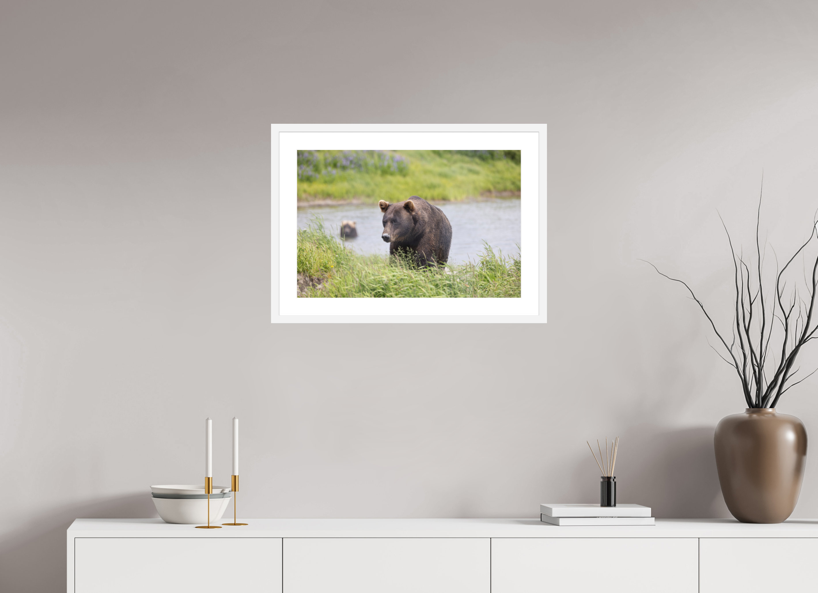 24 x 16″, White Wood Frame Grizzly Shore, No. 1