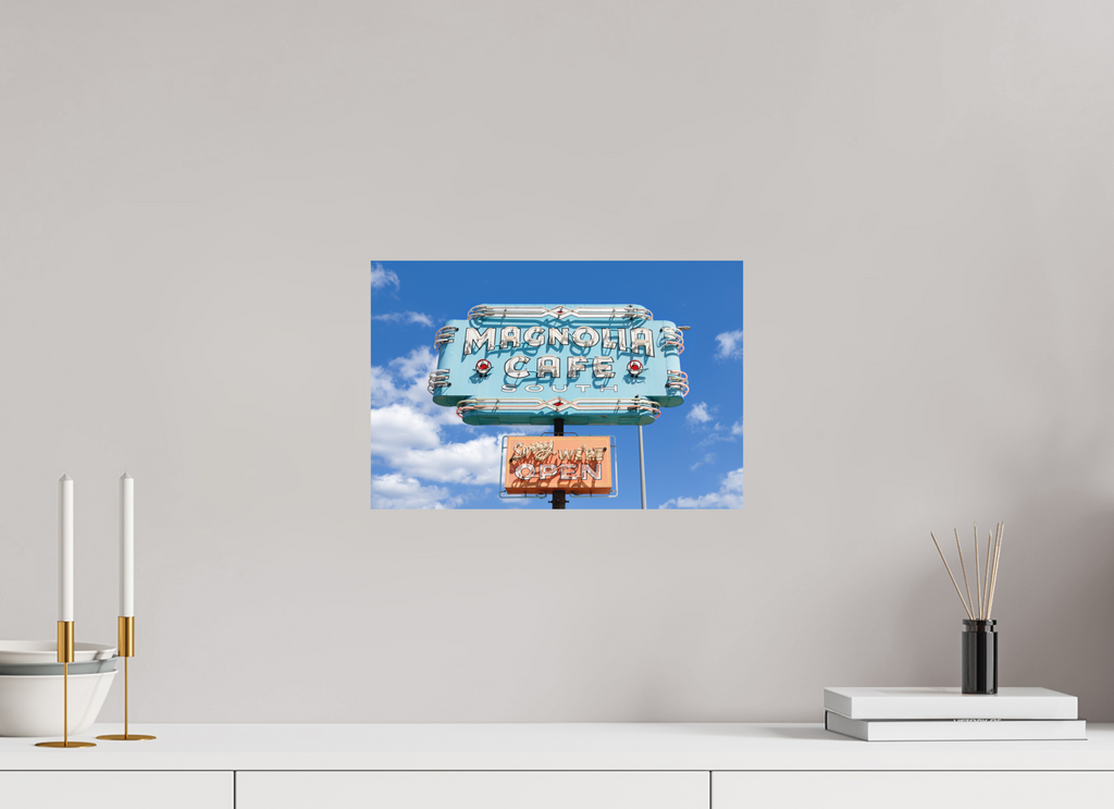 Teal Magnolias fine art print of the Magnolia Cafe sign in Austin, Texas, 15 x 10 in, unframed