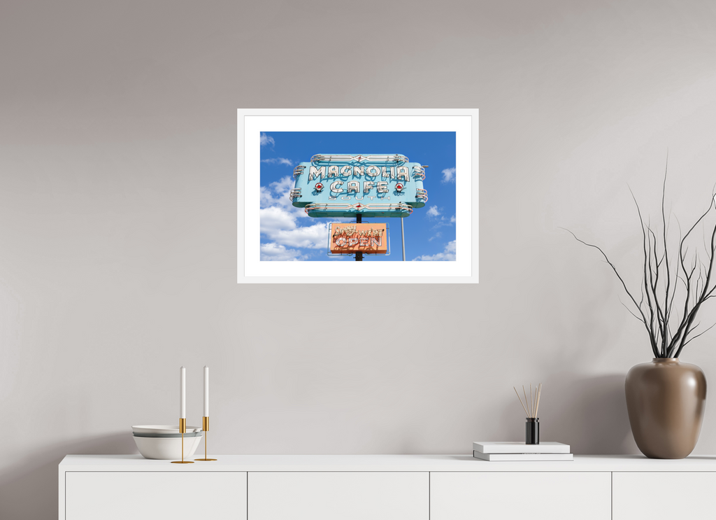 Teal Magnolias fine art print of the Magnolia Cafe sign in Austin, Texas, 24 x 16 in, white wood frame with white mat