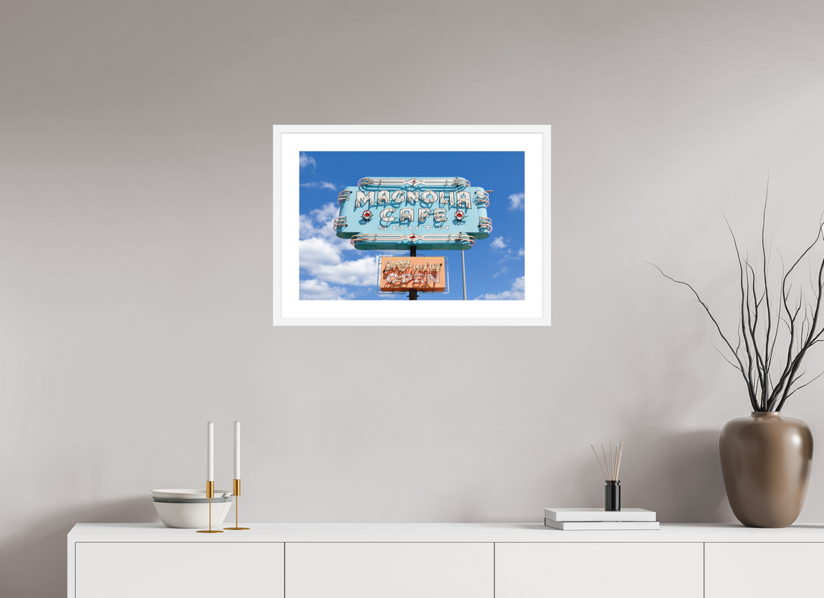Teal Magnolias fine art print of the Magnolia Cafe sign in Austin, Texas, 24 x 16 in, white wood frame with white mat