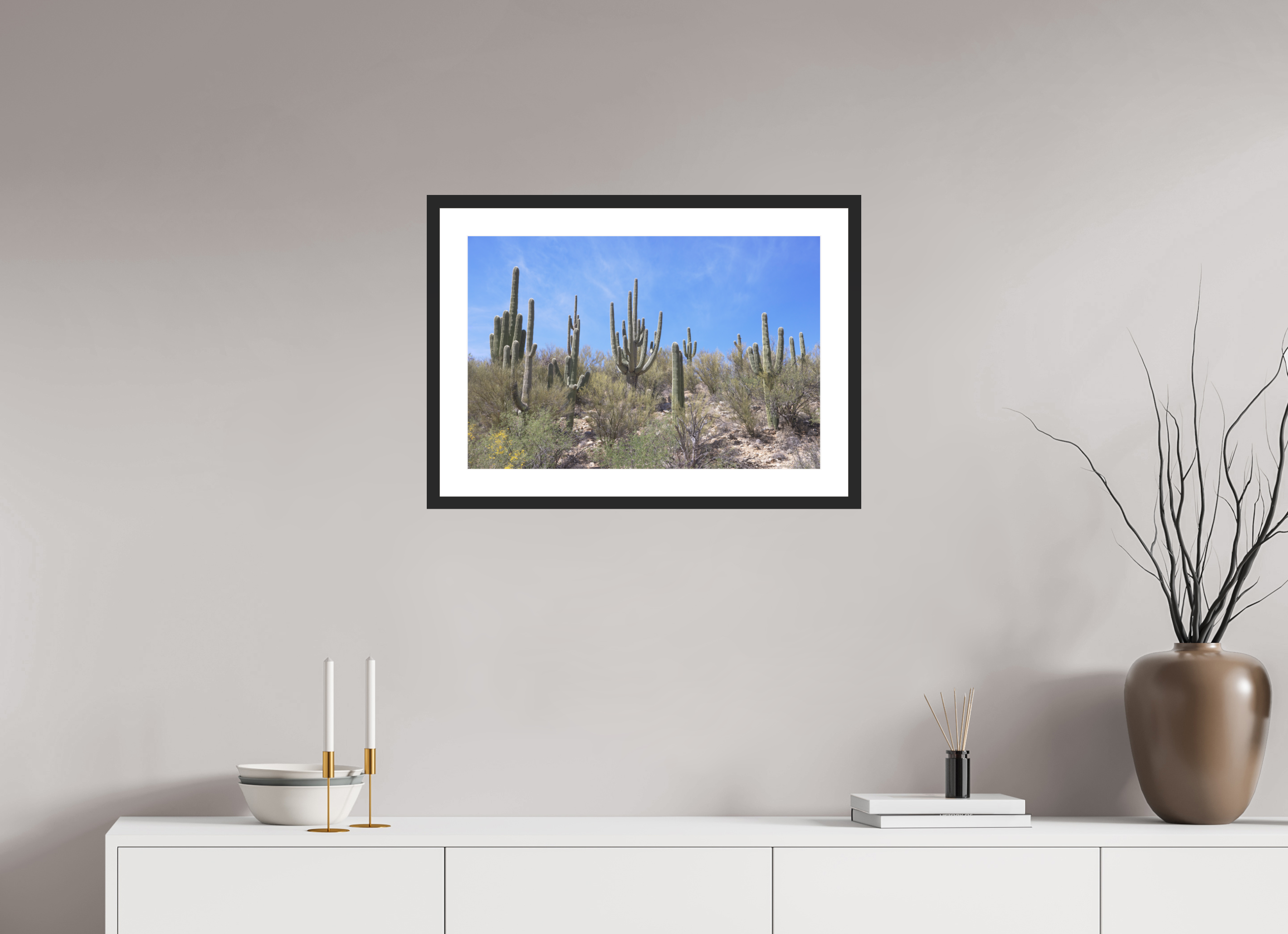 24 x 16″, Black Wood Frame Saguaro I