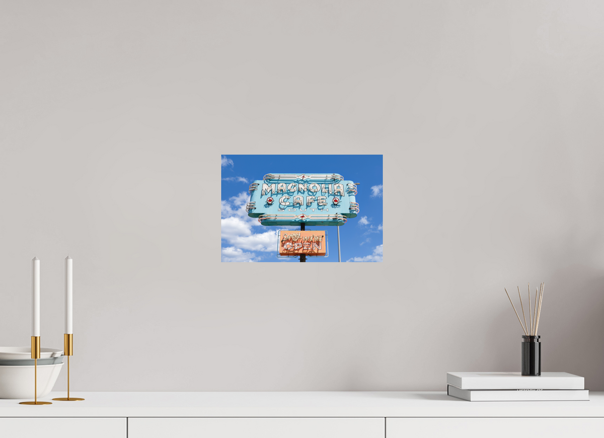 Teal Magnolias fine art print of the Magnolia Cafe sign in Austin, Texas, 12 x 8 in, unframed