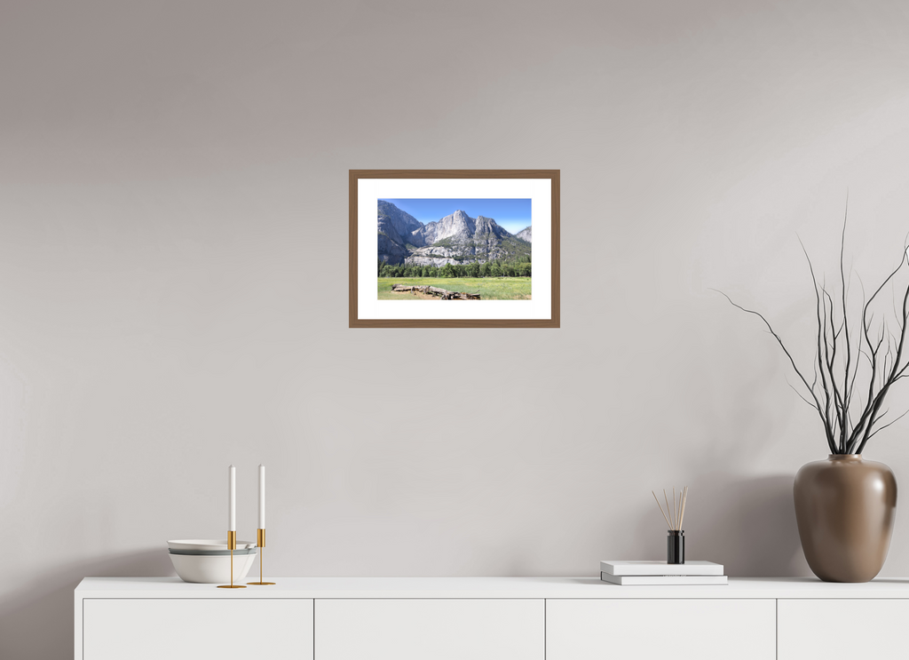 Cathedral Rocks fine art print of Cathedral Rocks above a meadow in Yosemite, 15 x 10 in, walnut wood frame with white mat